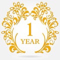 1 year anniversary icon in ornate frame with floral elements. Template for celebration and congratulation design.